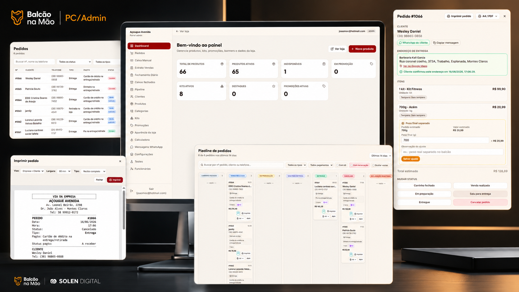 Mockup do painel administrativo do Balcão na Mão com pedidos, dashboard e pipeline.