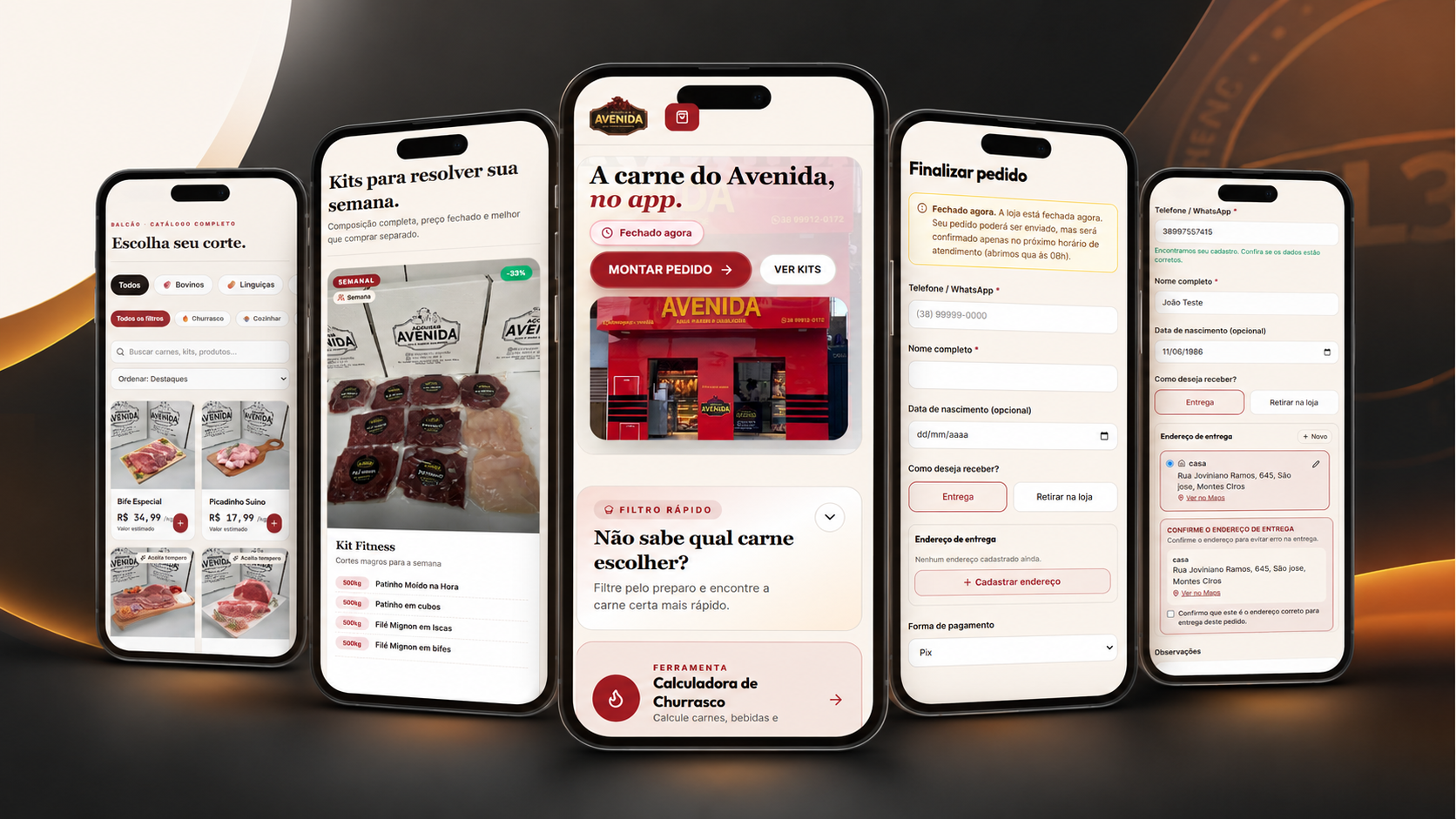 Mockup mobile do app personalizado do Açougue Avenida no Balcão na Mão.